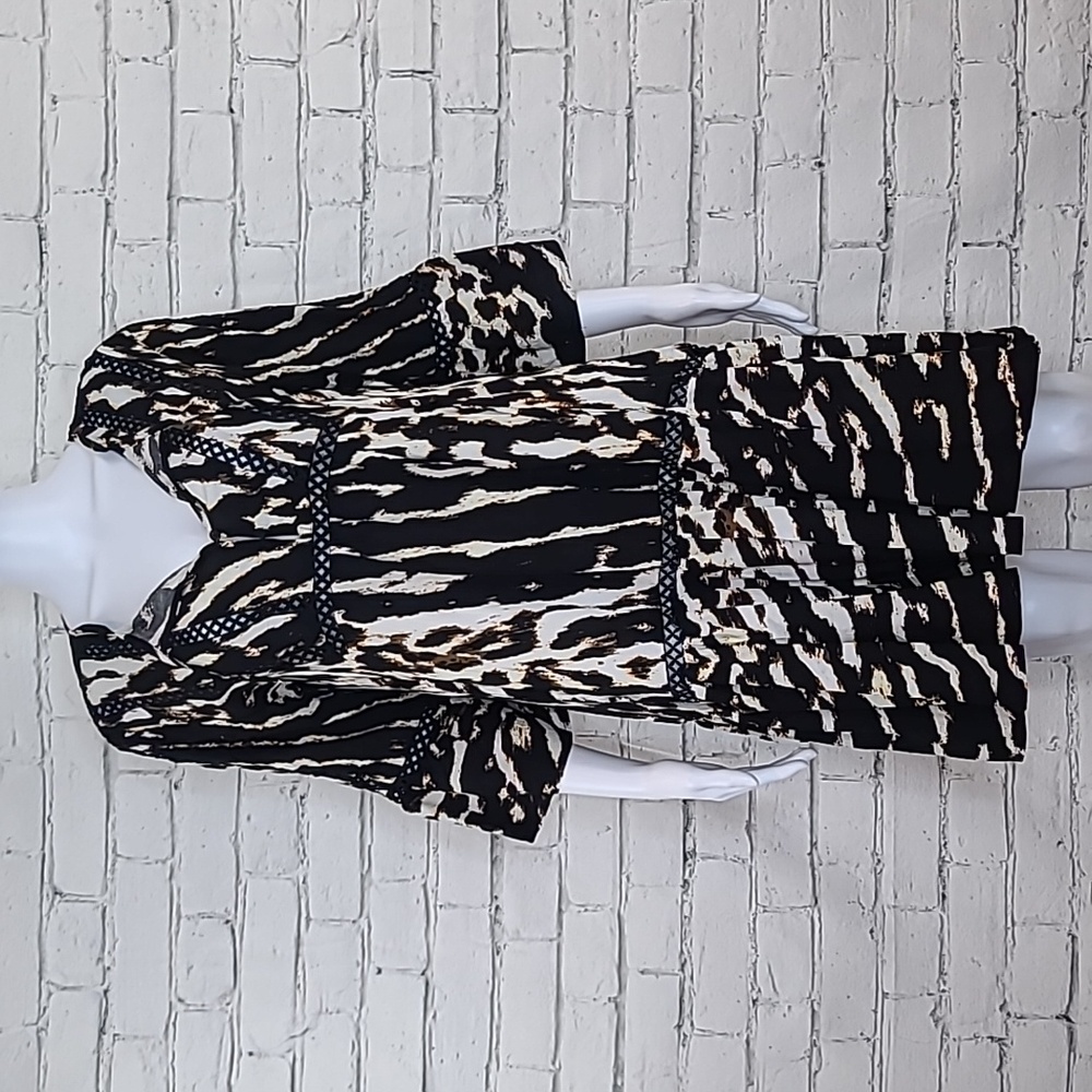 Jaase Boho Flowy Rayon V Neck Babydoll Animal Print Mini Dress Black/Brown/Cream